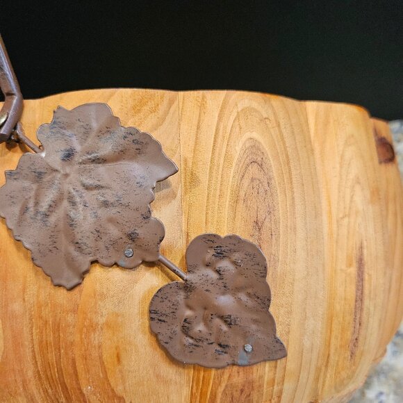 Pier One Rustic Hand Carved Pumpkin Bowl With Metal Handles and Leaf Accent - Picture 9 of 10